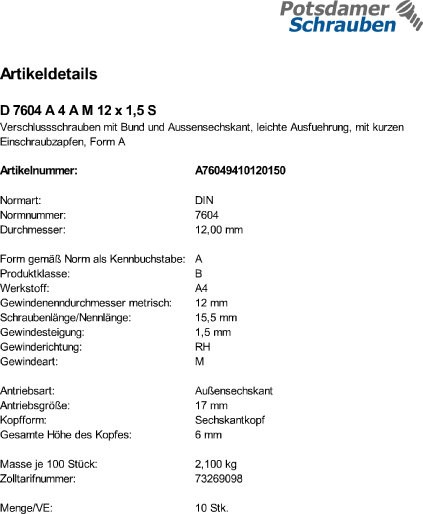 10 Verschlußschrauben DIN 7604 A4 A M12x1,5 V4A Edelstahl