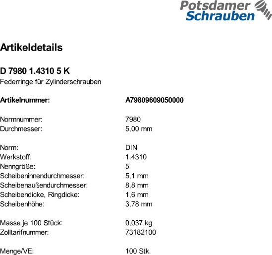 100 Edelstahl Federringe DIN 7980 1.4310 5