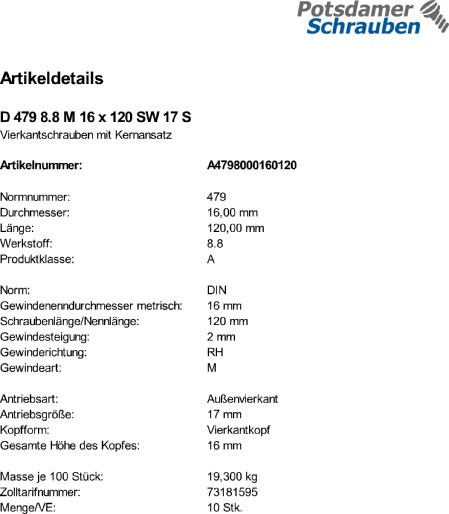 10 Vierkantschrauben DIN 479 8.8 Stahl M16x120