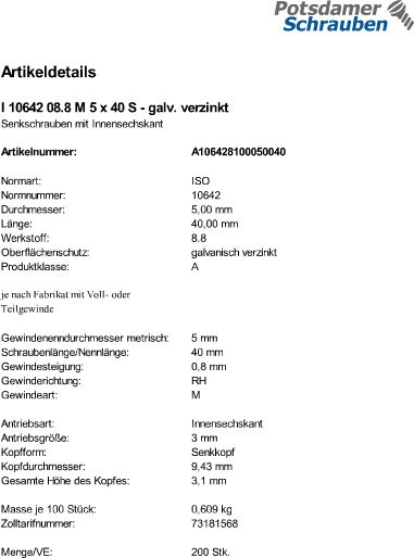 200 Innensechskant Senkkopfschrauben eh. DIN 7991 8.8 verzinkt M5x40