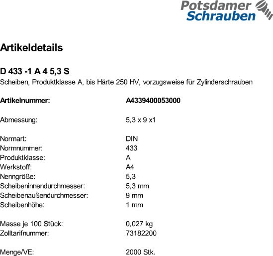 2000 Edelstahl V4A Scheiben DIN 433 -1 A4 5,3