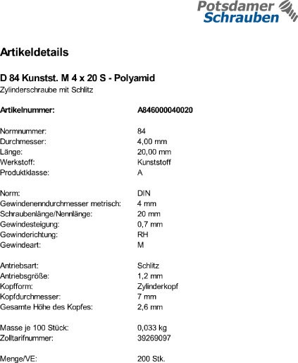 200 Schlitz Zylinderschrauben DIN 84 Polyamid M4x20