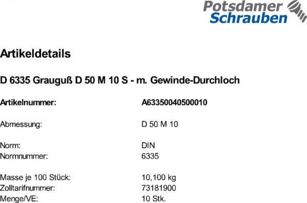 10 Kreuzgriffe DIN 6335 Grauguß D 50 M10 m. Gewinde-Durchloch