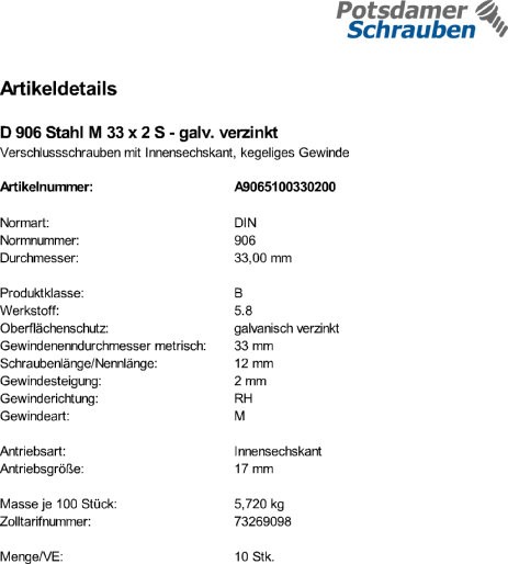 10 Verschlußschrauben DIN 906 Stahl M33x2 verzinkt