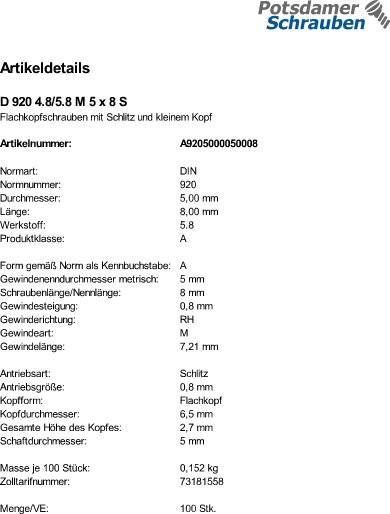 100 Flachkopfschrauben DIN 920 4.8 / 5.8 M5x8 Stahl