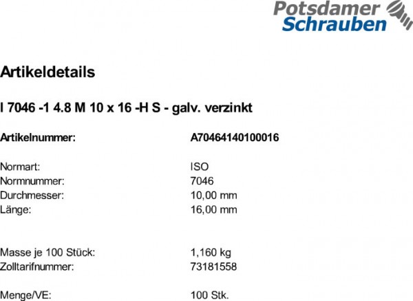 100 Krz. Senkkopfschrauben ISO 7046 -1 4.8 -H verzinkt M10x16