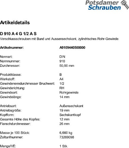 1 Verschlussschrauben DIN 910 A4 G 1/2 A V4A Edelstahl