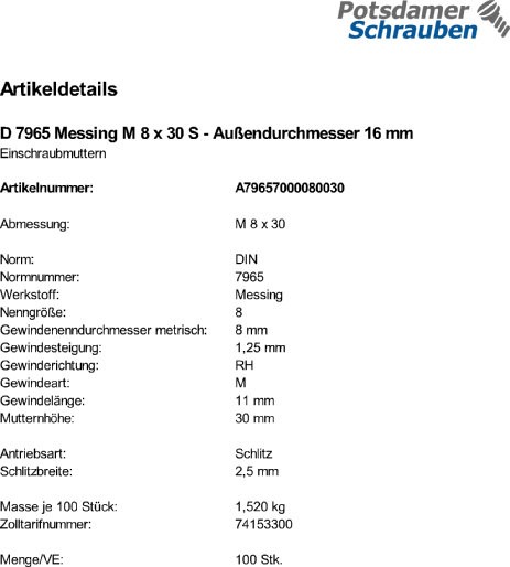 100 Einschraubmuttern DIN 7965 Messing M8x30 Außendurchmesser 16 mMMs
