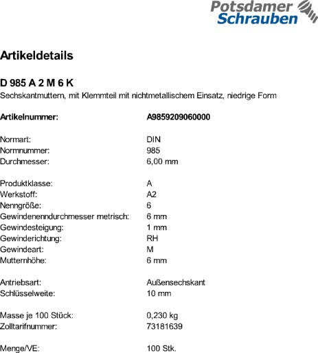 100 Edelstahl V2A Sechskantmuttern DIN 985 A2 M6