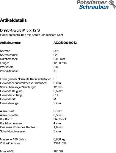 100 Flachkopfschrauben DIN 920 4.8 / 5.8 M3x12 Stahl