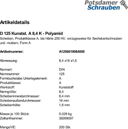 200 Kunststoff Unterlegscheiben DIN 125 Polyamid Form A 8,4 Ø M8