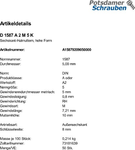 50 Edelstahl V2A Hutmuttern DIN 1587 A2 M5