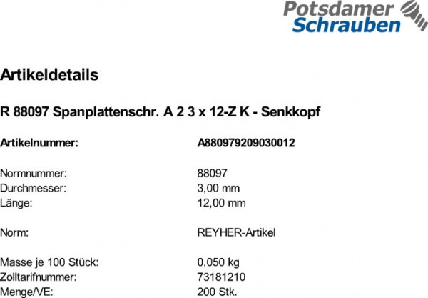 200 Edelstahl V2A Senkkopf Spanplattenschrauben A2 -Z 3x12