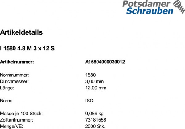 2000 Flachkopfschrauben ISO 1580 4.8 M3x12 Stahl