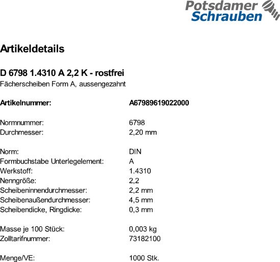 1000 Edelstahl Fächerscheiben DIN 6798 1.431 Form A 2,2 Ø M2