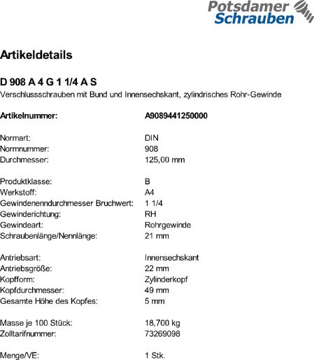 1 Verschlußschrauben DIN 908 A4 G 1 1/4 A V4A Edelstahl