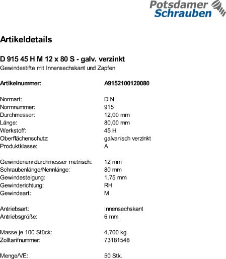 50 Inbus Gewindestifte DIN 915 45H verzinkt M12x80