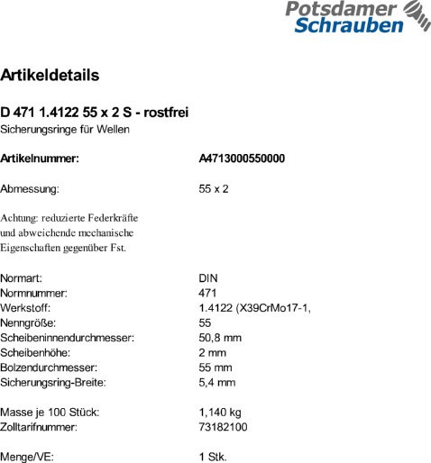 1 Edelstahl Sicherungsringe DIN 471 1.4122 55x2
