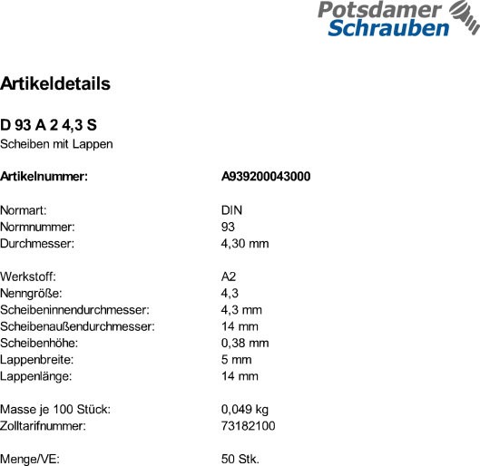 50 Edelstahl V2A Scheiben mit Lappen DIN 93 A2 4,3