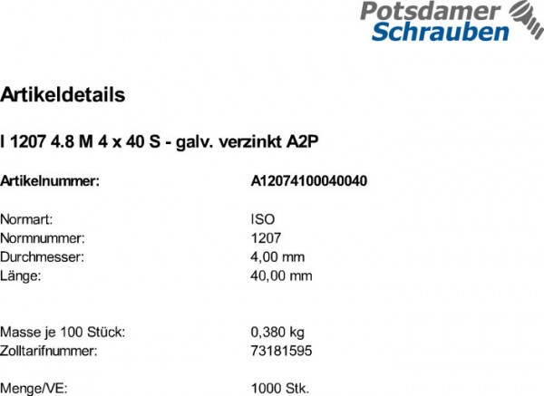 1000 Schlitz Zylinderschrauben ISO 1207 4.8 verzinkt M4x40