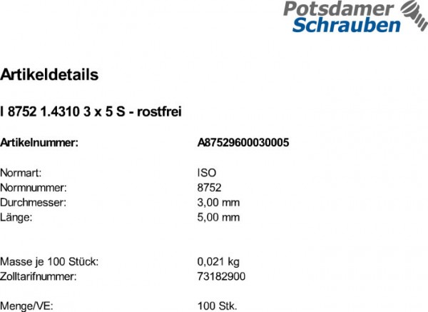 100 Edelstahl Spannstifte ISO 8752 1.4310 3x5