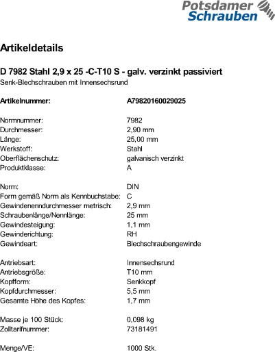 1000 Senkkopf Torx Blechschrauben DIN 7982 verzinkt 2,9x25 -CTX