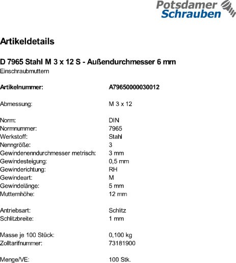100 Einschraubmuttern DIN 7965 Stahl M3x12 Außendurchmesser 6 mm