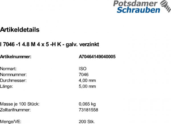 200 Krz. Senkkopfschrauben ISO 7046 -1 4.8 -H verzinkt M4x5