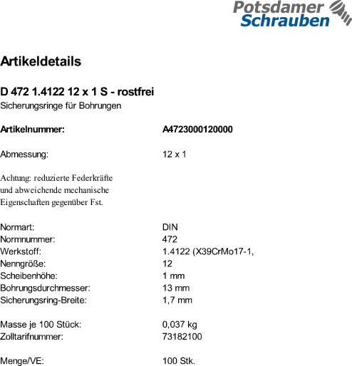 100 Edelstahl Sicherungsringe DIN 472 1.4122 12x1