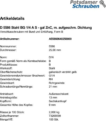 100 Verschlußschrauben DIN 5586 Stahl BG 1/4 A C, mit Dichtung C