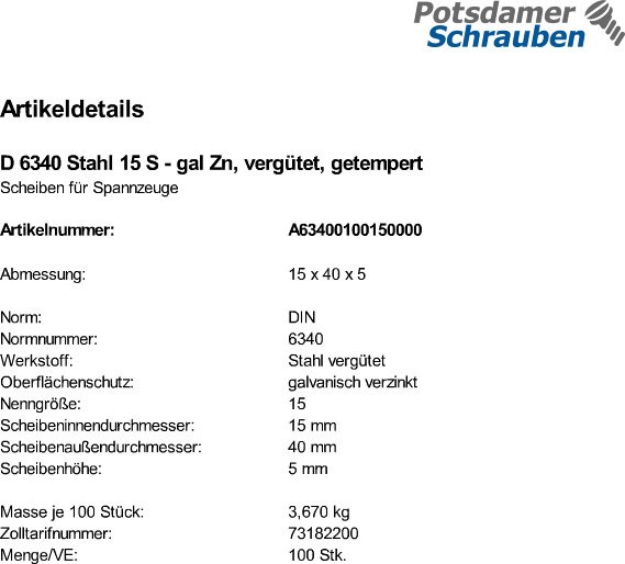 100 Scheiben DIN 6340 Stahl 15 , vergütet,
