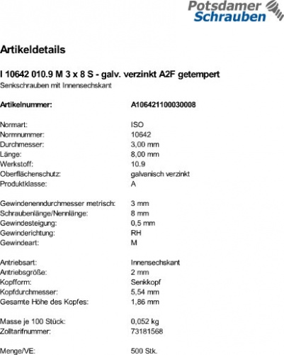 200 Inbus Senkkopfschrauben ISO 10642 10.9 schwarz M8x12