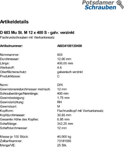 25 St DIN 603 Mutter 6x30 mm NEU Schlossschrauben//Flachrundschrauben verz