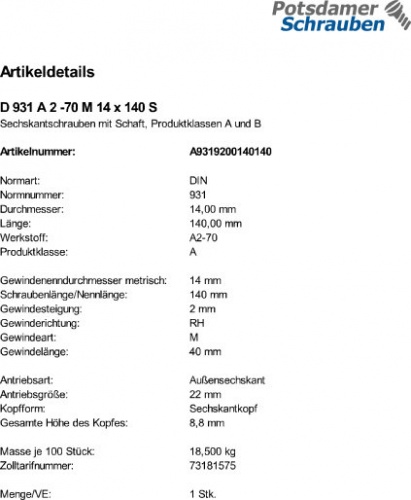 1 Edelstahl V2A Sechskantschrauben DIN 931 A2-70 M14x140