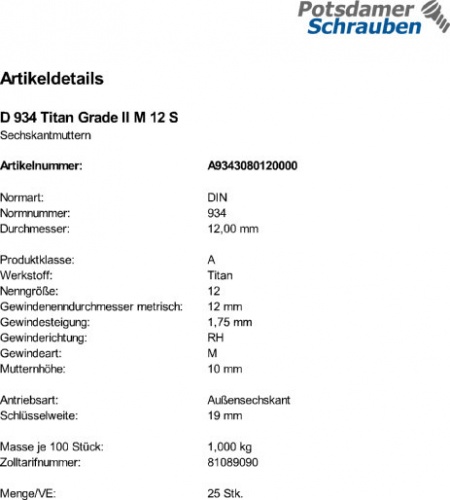 Titan hexagonal écrous titan écrous DIN 934 grade 2